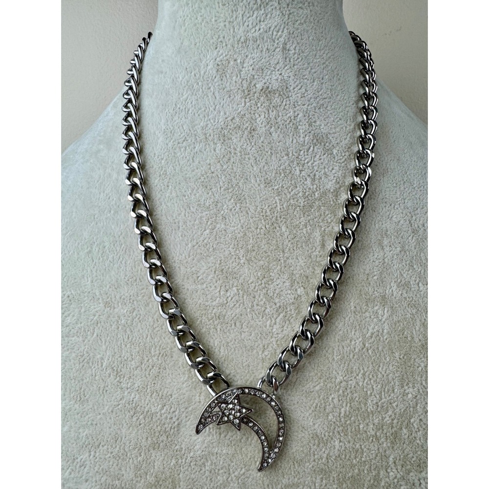 Stainless Steel Rhinestone Crescent Moon Star Cuban Chain Necklace 18" Celestial